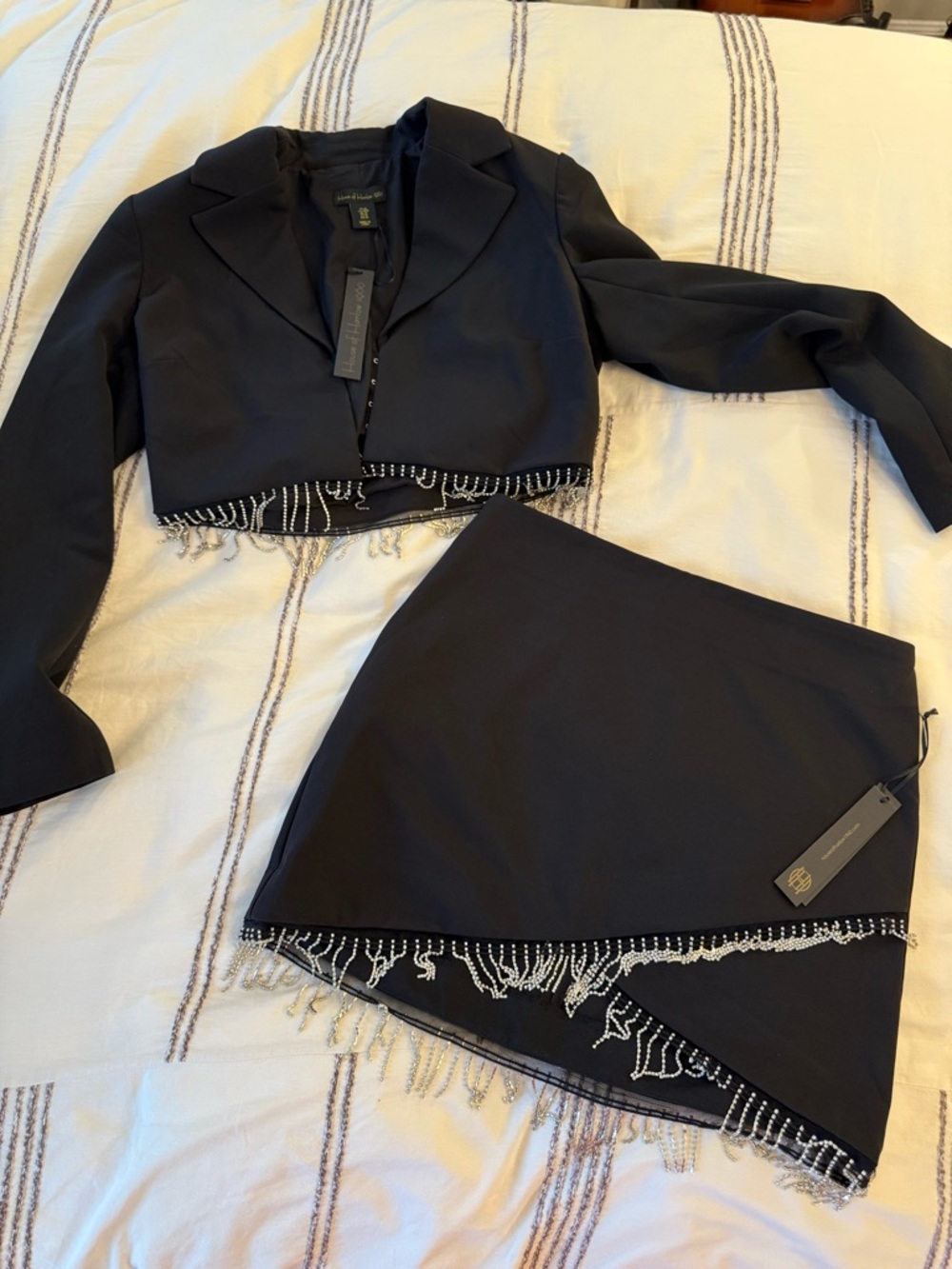 NWT House of Harlow Black Beaded Asymmetrical Skirt Set